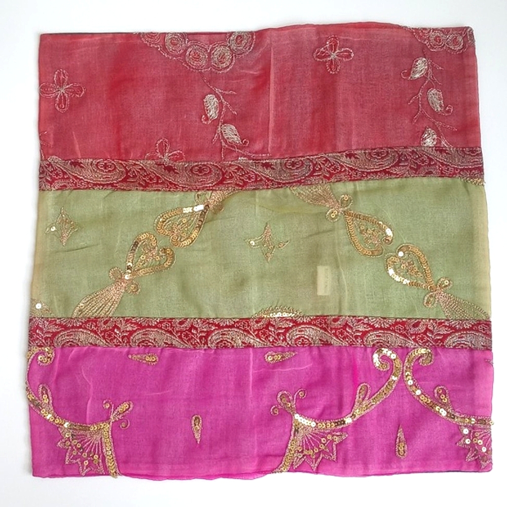 Antique Vintage Batik Sheer Pink Red Green Gold Sequins Embroidered Pillow Sham